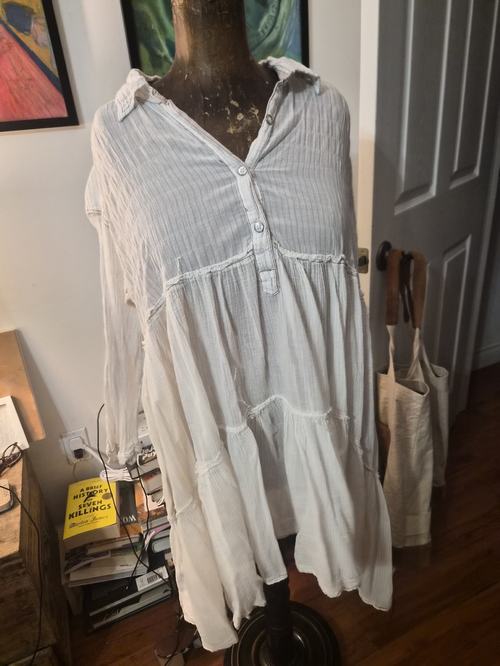 We The Free Light Cream Button-Front Tiered Gauze Tunic